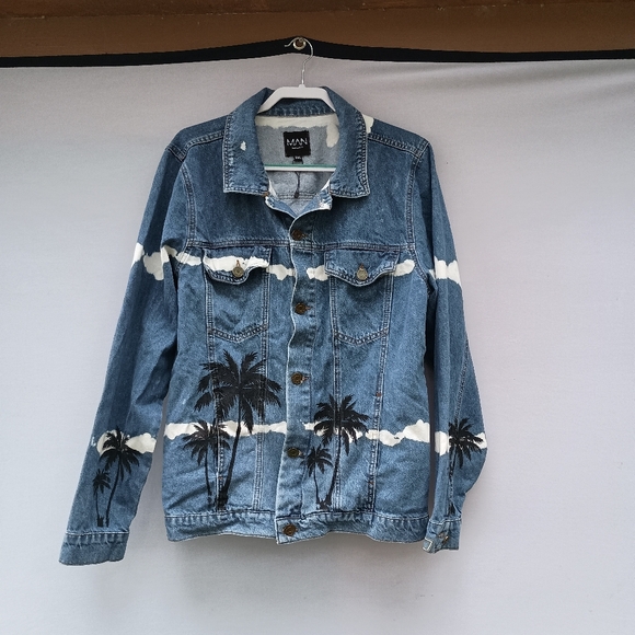NWOT MAN blue denim palm tree Jean jacket size 2XL - Picture 2 of 9